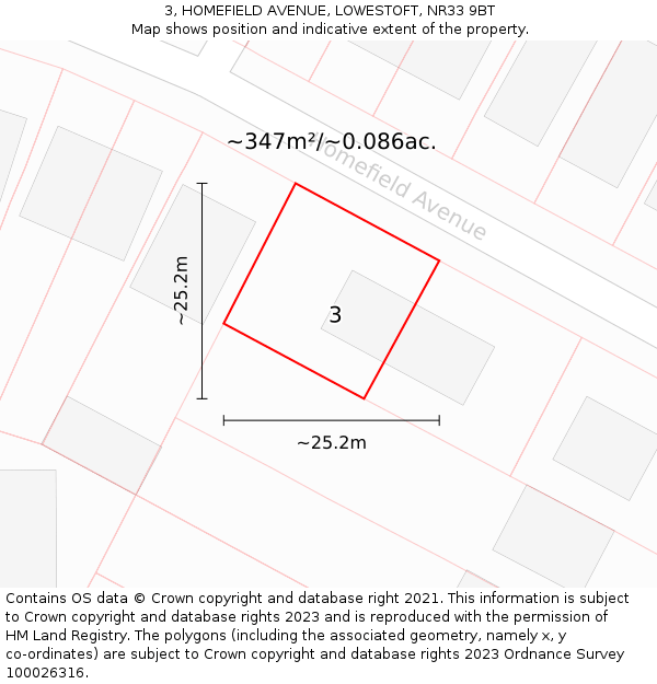 3, HOMEFIELD AVENUE, LOWESTOFT, NR33 9BT: Plot and title map