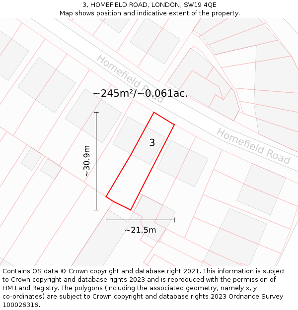 3, HOMEFIELD ROAD, LONDON, SW19 4QE: Plot and title map