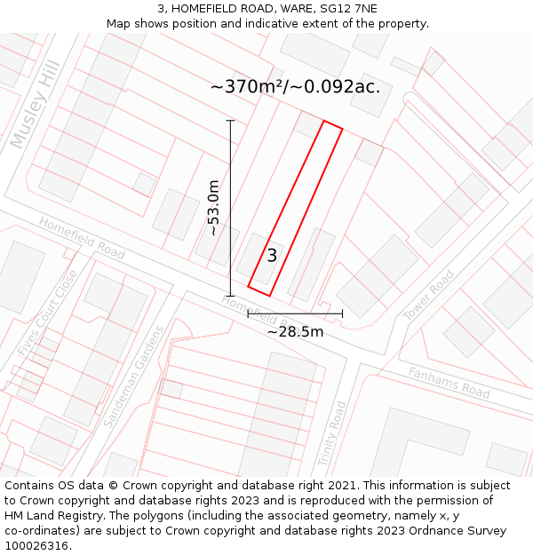 3, HOMEFIELD ROAD, WARE, SG12 7NE: Plot and title map