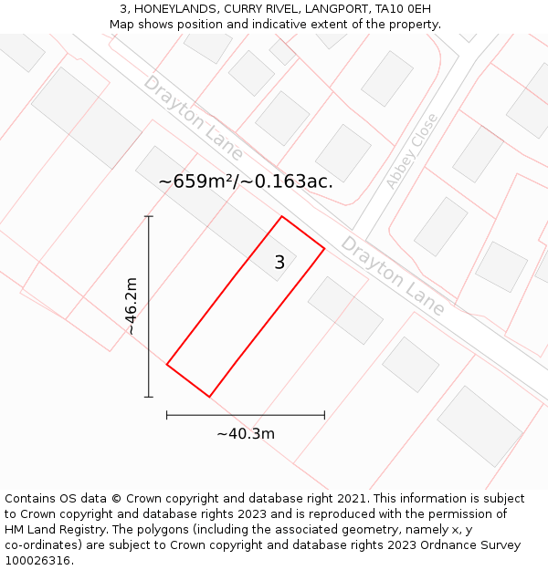 3, HONEYLANDS, CURRY RIVEL, LANGPORT, TA10 0EH: Plot and title map