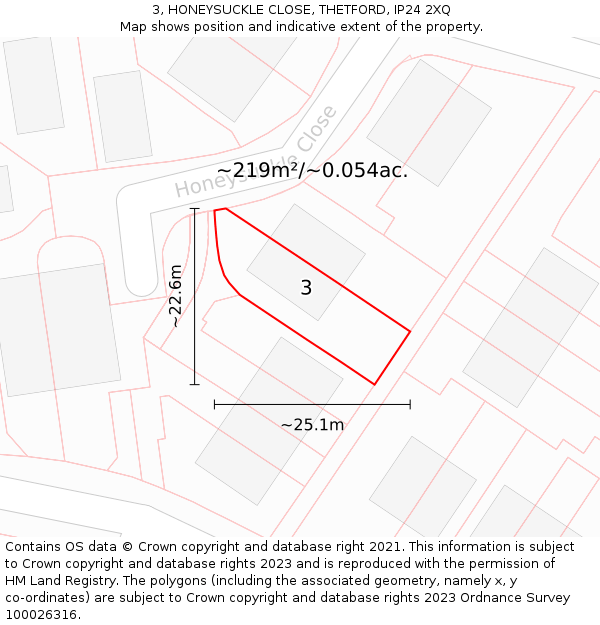 3, HONEYSUCKLE CLOSE, THETFORD, IP24 2XQ: Plot and title map