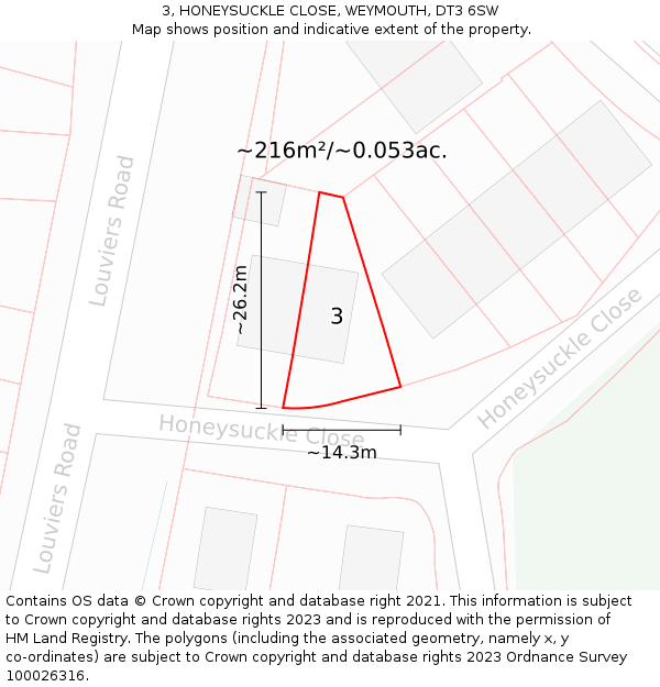 3, HONEYSUCKLE CLOSE, WEYMOUTH, DT3 6SW: Plot and title map