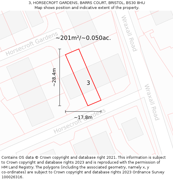 3, HORSECROFT GARDENS, BARRS COURT, BRISTOL, BS30 8HU: Plot and title map