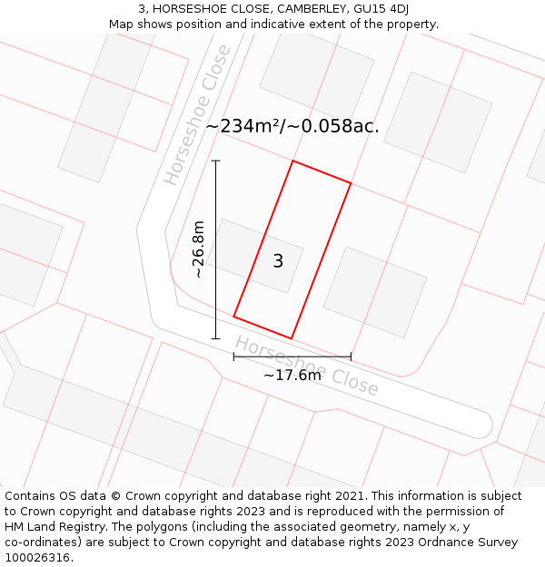 3, HORSESHOE CLOSE, CAMBERLEY, GU15 4DJ: Plot and title map