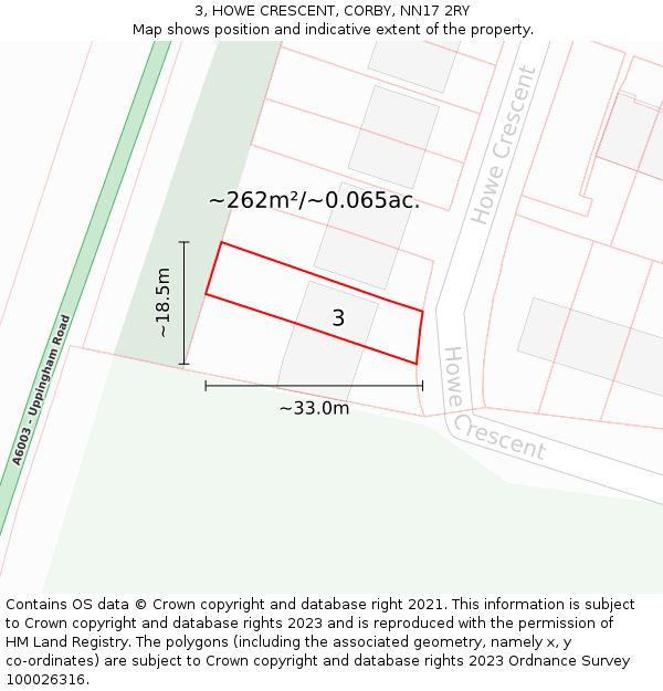 3, HOWE CRESCENT, CORBY, NN17 2RY: Plot and title map