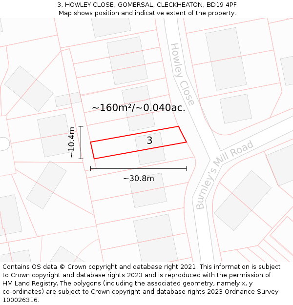 3, HOWLEY CLOSE, GOMERSAL, CLECKHEATON, BD19 4PF: Plot and title map