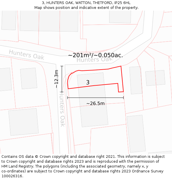 3, HUNTERS OAK, WATTON, THETFORD, IP25 6HL: Plot and title map