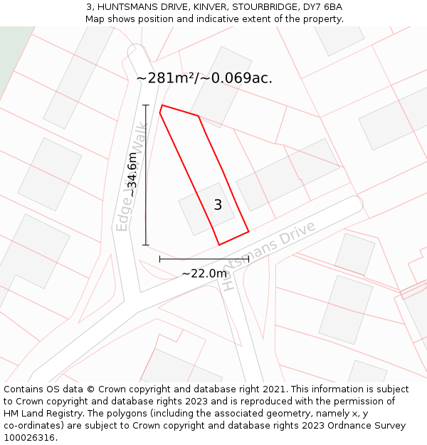3, HUNTSMANS DRIVE, KINVER, STOURBRIDGE, DY7 6BA: Plot and title map