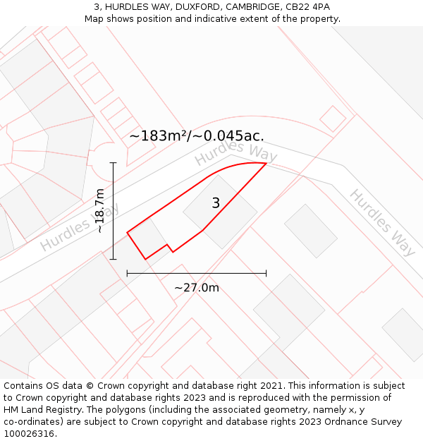 3, HURDLES WAY, DUXFORD, CAMBRIDGE, CB22 4PA: Plot and title map