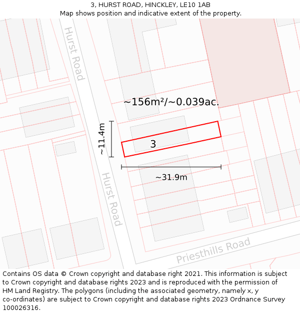 3, HURST ROAD, HINCKLEY, LE10 1AB: Plot and title map