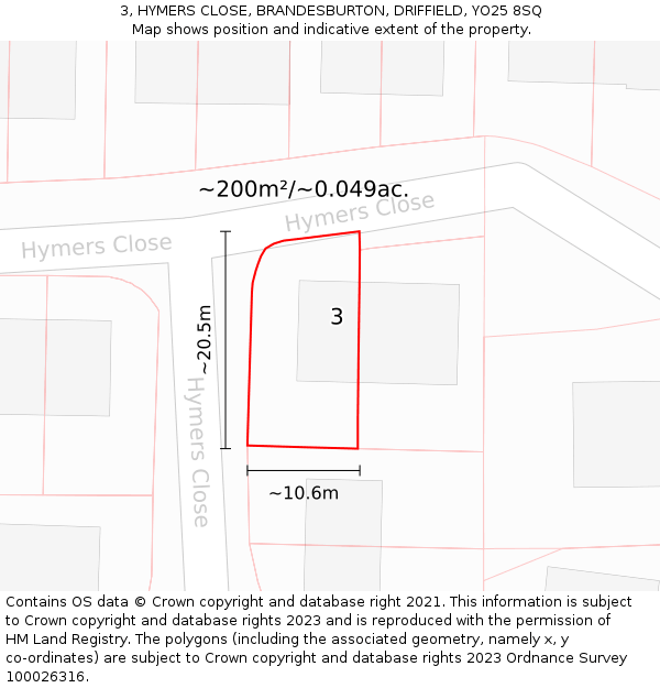 3, HYMERS CLOSE, BRANDESBURTON, DRIFFIELD, YO25 8SQ: Plot and title map