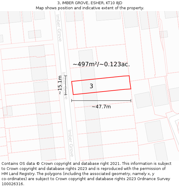 3, IMBER GROVE, ESHER, KT10 8JD: Plot and title map