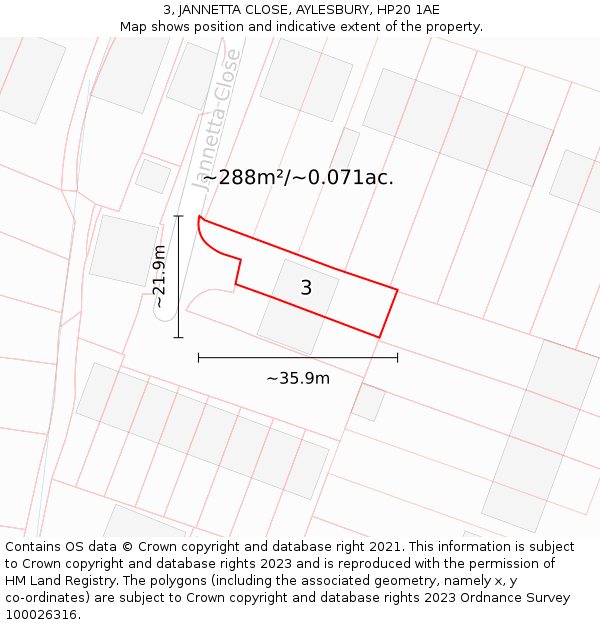 3, JANNETTA CLOSE, AYLESBURY, HP20 1AE: Plot and title map