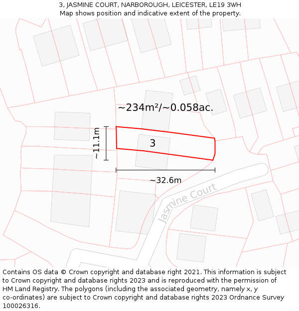 3, JASMINE COURT, NARBOROUGH, LEICESTER, LE19 3WH: Plot and title map
