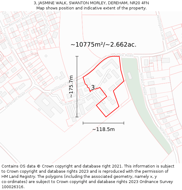 3, JASMINE WALK, SWANTON MORLEY, DEREHAM, NR20 4FN: Plot and title map