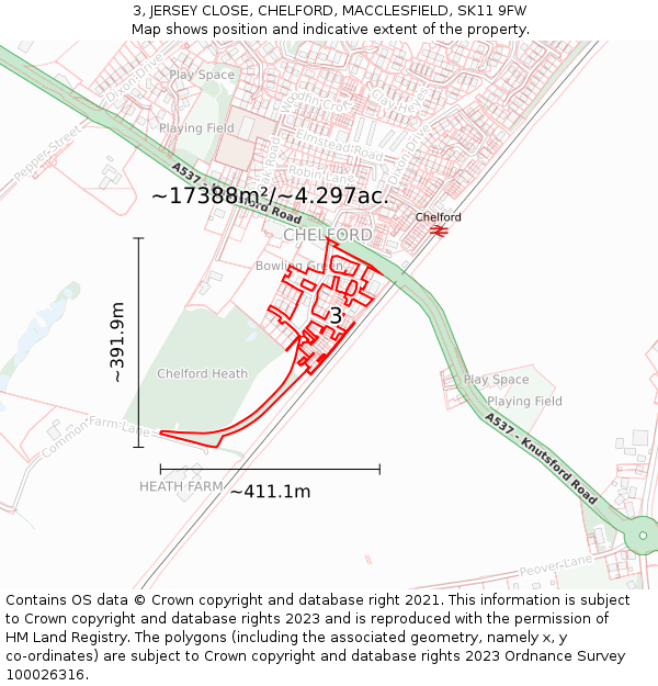 3, JERSEY CLOSE, CHELFORD, MACCLESFIELD, SK11 9FW: Plot and title map