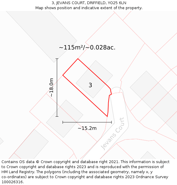 3, JEVANS COURT, DRIFFIELD, YO25 6LN: Plot and title map