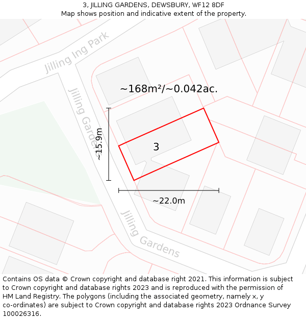 3, JILLING GARDENS, DEWSBURY, WF12 8DF: Plot and title map