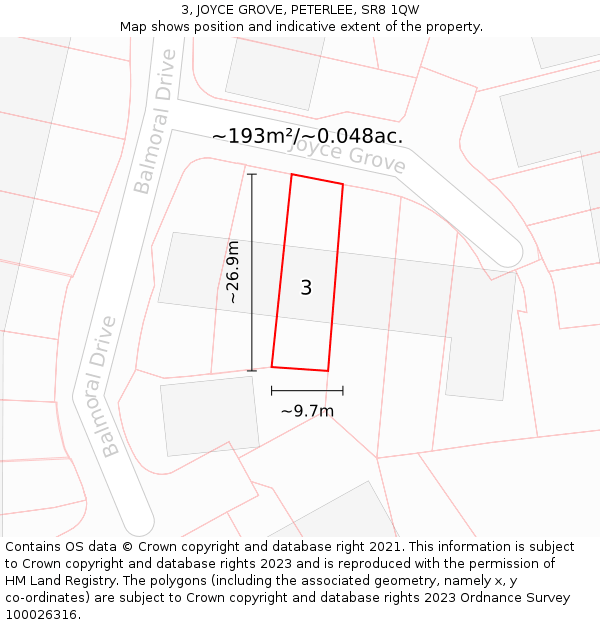 3, JOYCE GROVE, PETERLEE, SR8 1QW: Plot and title map