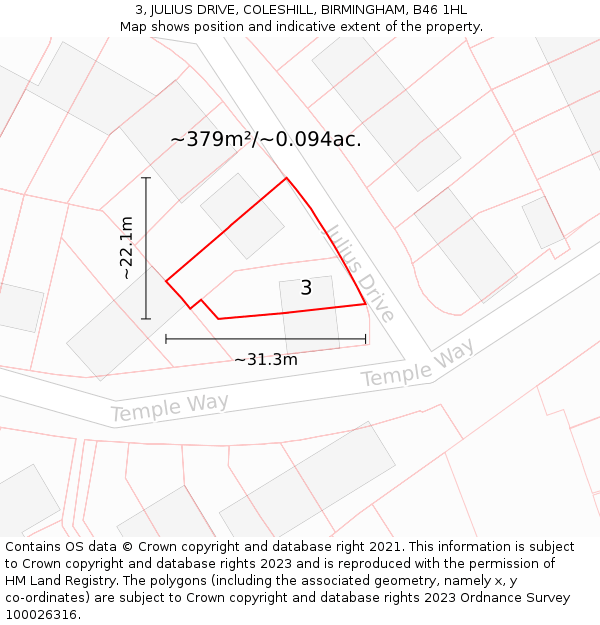 3, JULIUS DRIVE, COLESHILL, BIRMINGHAM, B46 1HL: Plot and title map