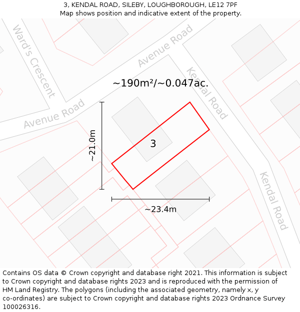 3, KENDAL ROAD, SILEBY, LOUGHBOROUGH, LE12 7PF: Plot and title map