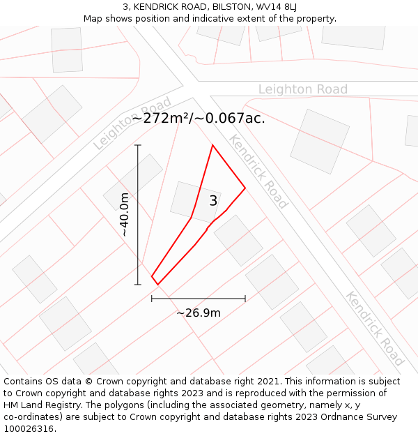 3, KENDRICK ROAD, BILSTON, WV14 8LJ: Plot and title map