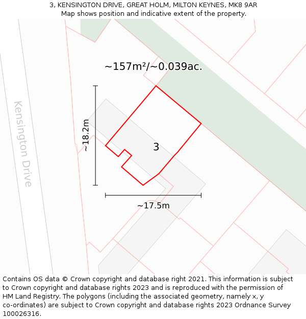 3, KENSINGTON DRIVE, GREAT HOLM, MILTON KEYNES, MK8 9AR: Plot and title map