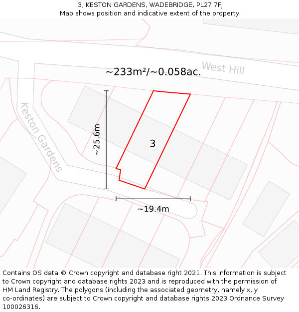 3, KESTON GARDENS, WADEBRIDGE, PL27 7FJ: Plot and title map