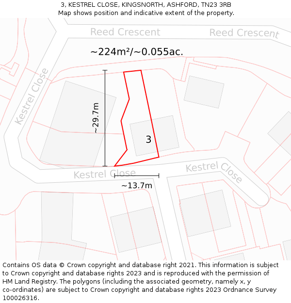 3, KESTREL CLOSE, KINGSNORTH, ASHFORD, TN23 3RB: Plot and title map