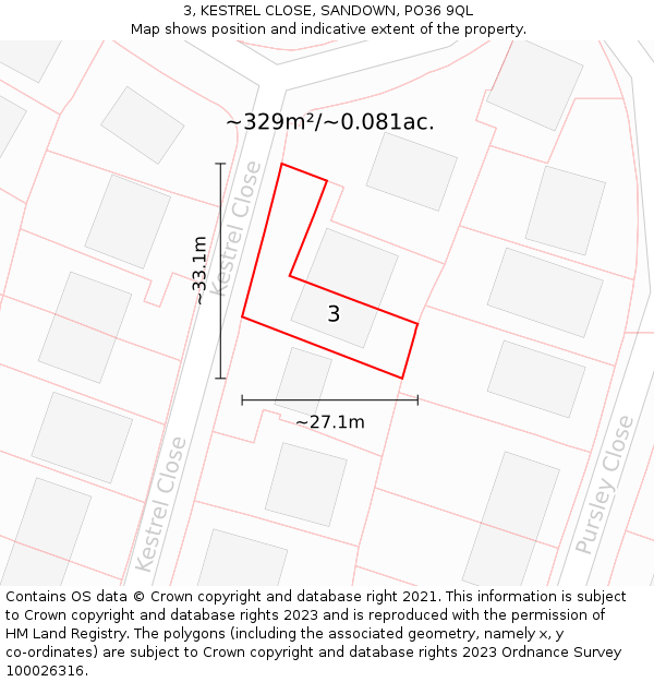 3, KESTREL CLOSE, SANDOWN, PO36 9QL: Plot and title map