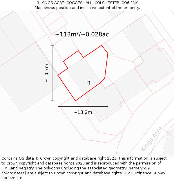 3, KINGS ACRE, COGGESHALL, COLCHESTER, CO6 1NY: Plot and title map