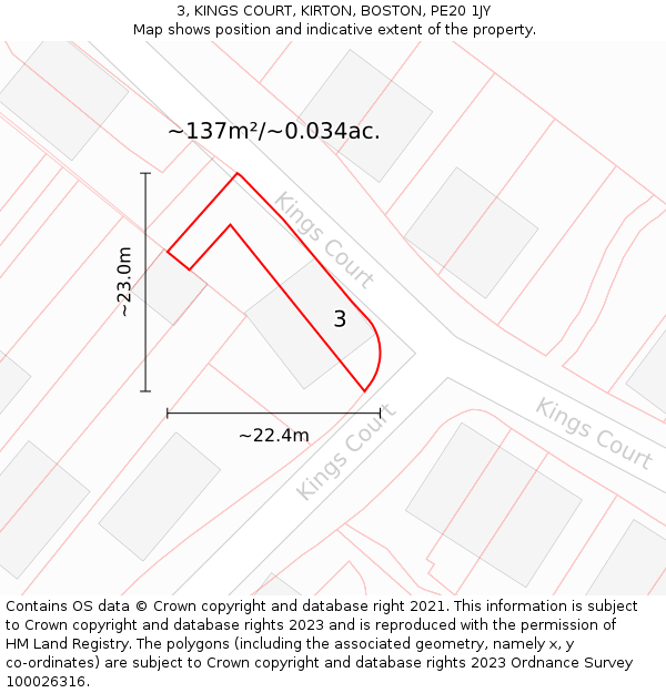 3, KINGS COURT, KIRTON, BOSTON, PE20 1JY: Plot and title map