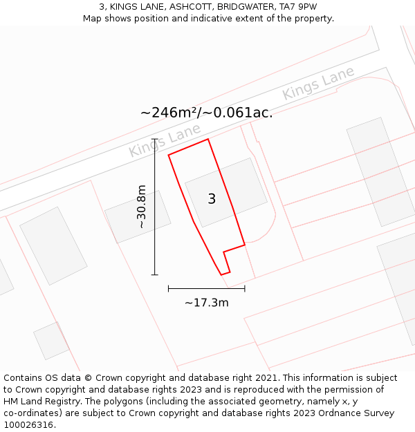 3, KINGS LANE, ASHCOTT, BRIDGWATER, TA7 9PW: Plot and title map