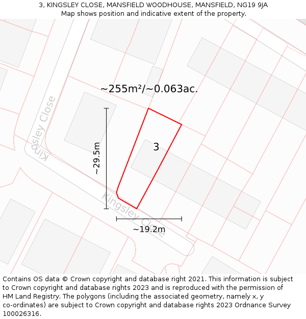 3, KINGSLEY CLOSE, MANSFIELD WOODHOUSE, MANSFIELD, NG19 9JA: Plot and title map