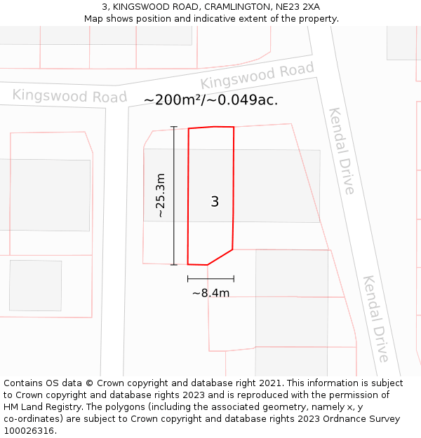 3, KINGSWOOD ROAD, CRAMLINGTON, NE23 2XA: Plot and title map