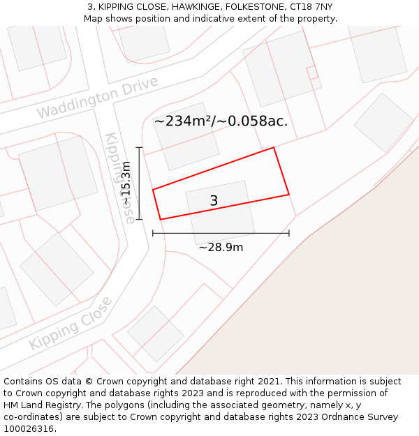 3, KIPPING CLOSE, HAWKINGE, FOLKESTONE, CT18 7NY: Plot and title map