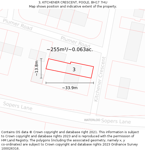 3, KITCHENER CRESCENT, POOLE, BH17 7HU: Plot and title map