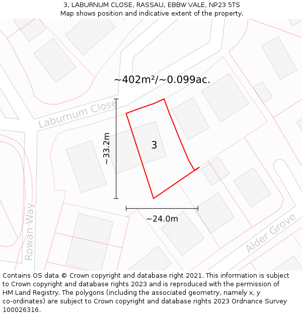 3, LABURNUM CLOSE, RASSAU, EBBW VALE, NP23 5TS: Plot and title map