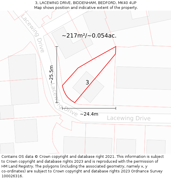 3, LACEWING DRIVE, BIDDENHAM, BEDFORD, MK40 4UP: Plot and title map