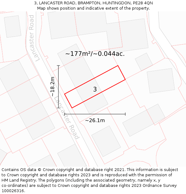 3, LANCASTER ROAD, BRAMPTON, HUNTINGDON, PE28 4QN: Plot and title map