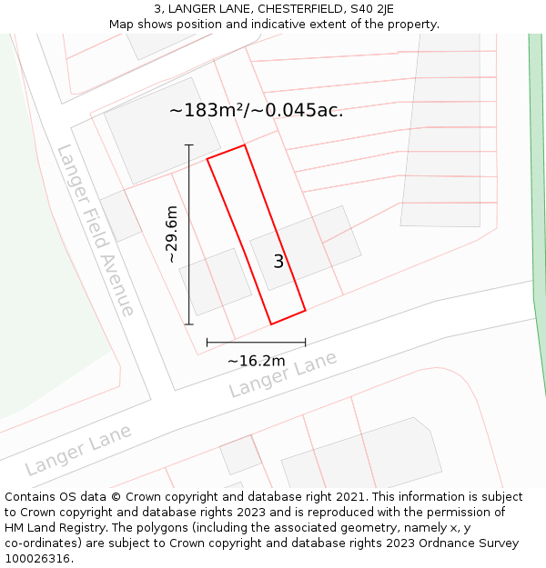 3, LANGER LANE, CHESTERFIELD, S40 2JE: Plot and title map