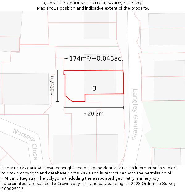 3, LANGLEY GARDENS, POTTON, SANDY, SG19 2QF: Plot and title map