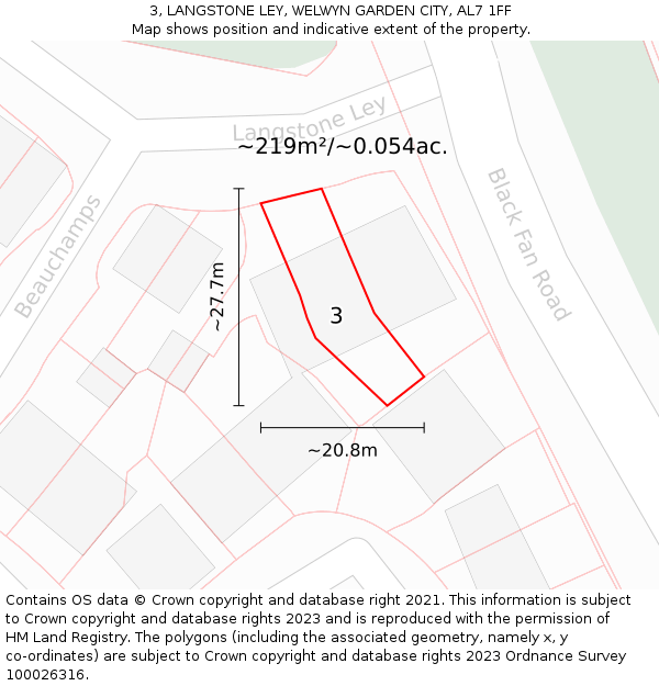 3, LANGSTONE LEY, WELWYN GARDEN CITY, AL7 1FF: Plot and title map