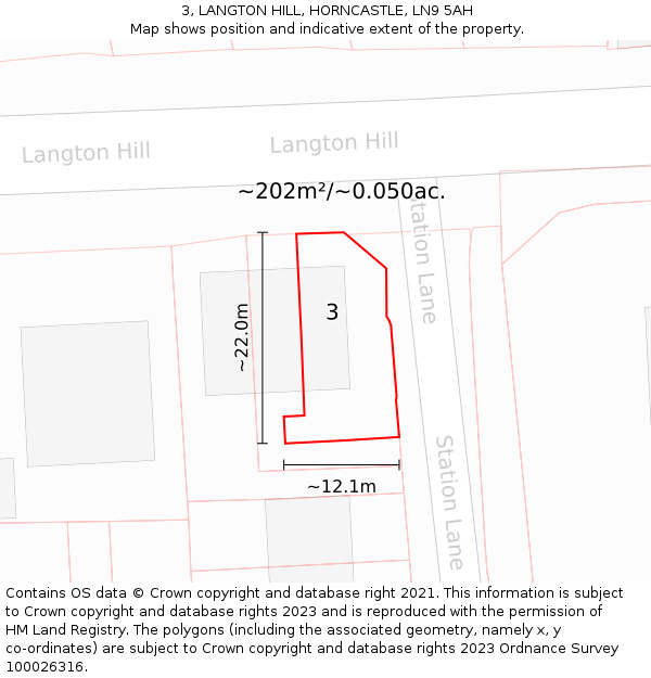 3, LANGTON HILL, HORNCASTLE, LN9 5AH: Plot and title map