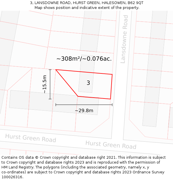 3, LANSDOWNE ROAD, HURST GREEN, HALESOWEN, B62 9QT: Plot and title map