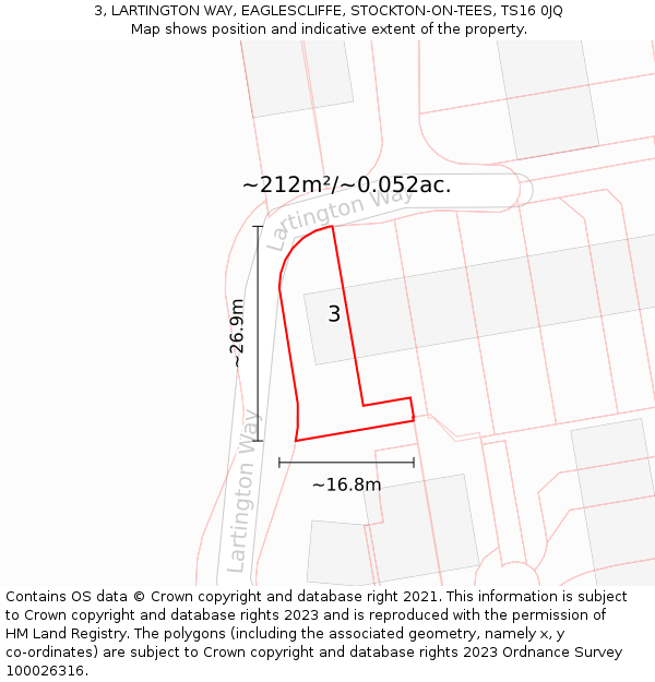 3, LARTINGTON WAY, EAGLESCLIFFE, STOCKTON-ON-TEES, TS16 0JQ: Plot and title map