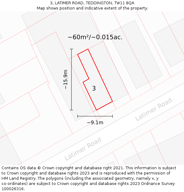 3, LATIMER ROAD, TEDDINGTON, TW11 8QA: Plot and title map