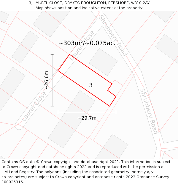 3, LAUREL CLOSE, DRAKES BROUGHTON, PERSHORE, WR10 2AY: Plot and title map