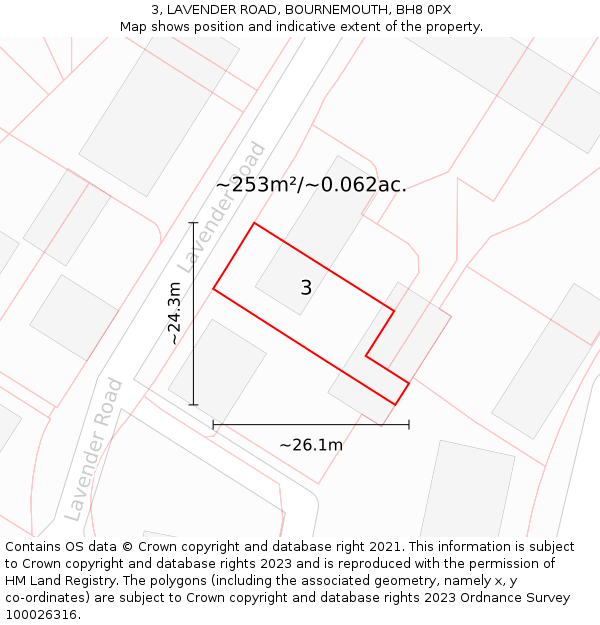 3, LAVENDER ROAD, BOURNEMOUTH, BH8 0PX: Plot and title map