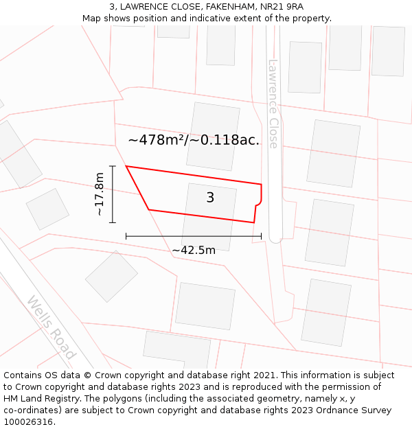 3, LAWRENCE CLOSE, FAKENHAM, NR21 9RA: Plot and title map